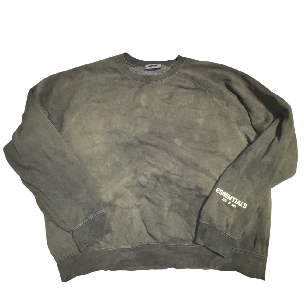 Fear of God Essentials Crewneck Sweatshirt Mens XL Olive Green Tie Dye Acid Wash